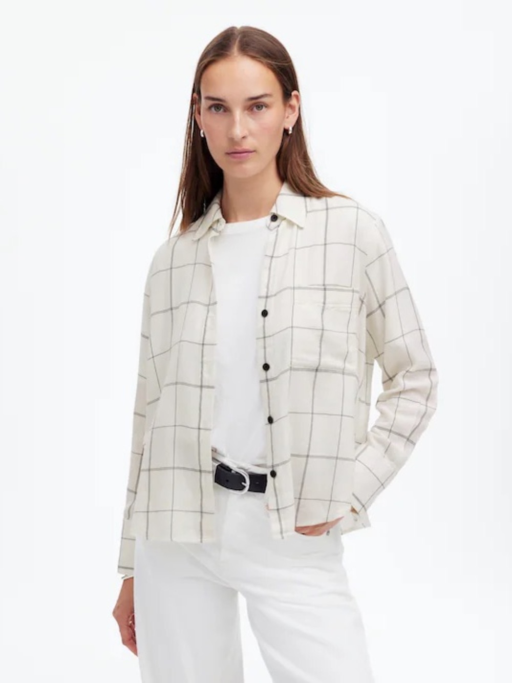 Madewell Easy Y-Neck Button-Up Shirt Windowpane Plaid Medium Cotton Blend Pocket
